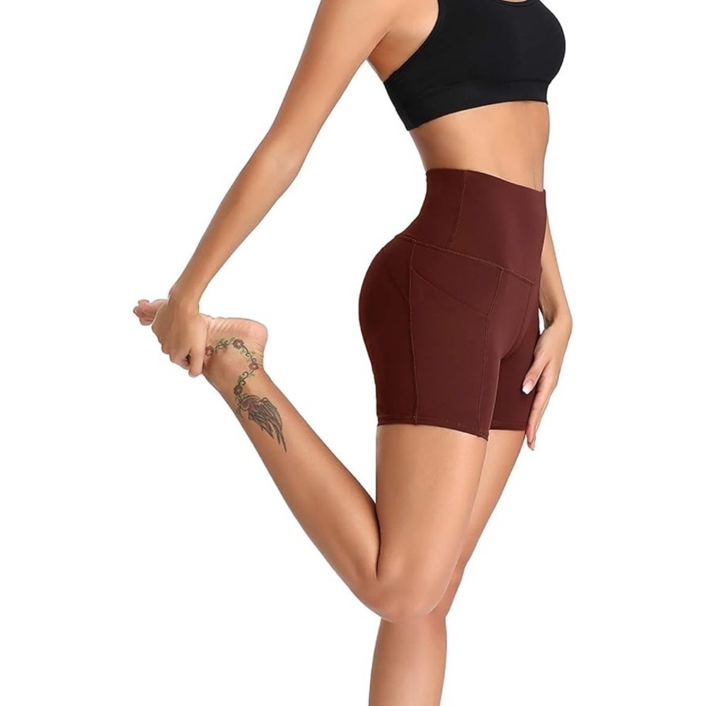 Oalka Women's Shorts Side Pockets High Waist Workout spandex Shorts Brown Large - Picture 4 of 11